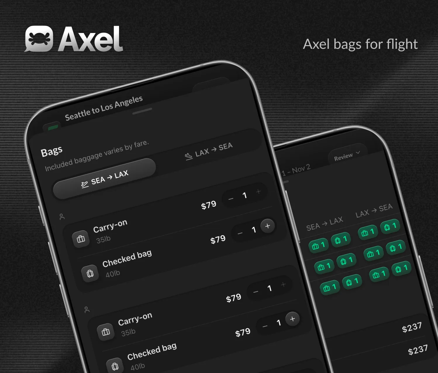 Axel flight checkout on two phones, with steppers to add carry-on and checked bags per traveler and direction