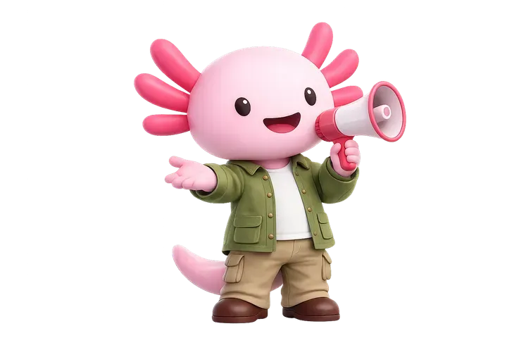 Axel, the axolotl mascot, holding a megaphone