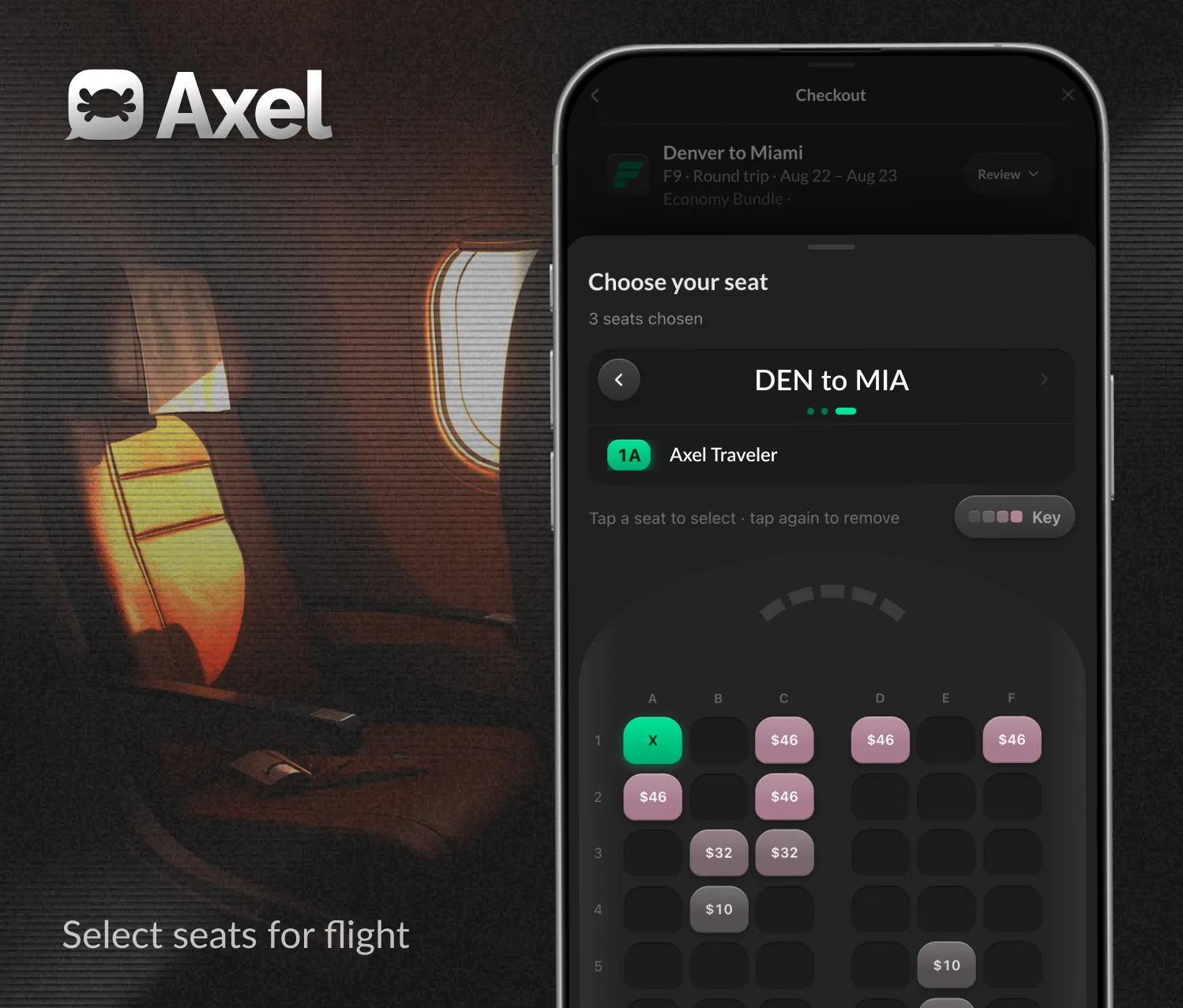Axel flight checkout showing a cabin seat map with per-seat prices and a selected seat highlighted, 3 seats chosen